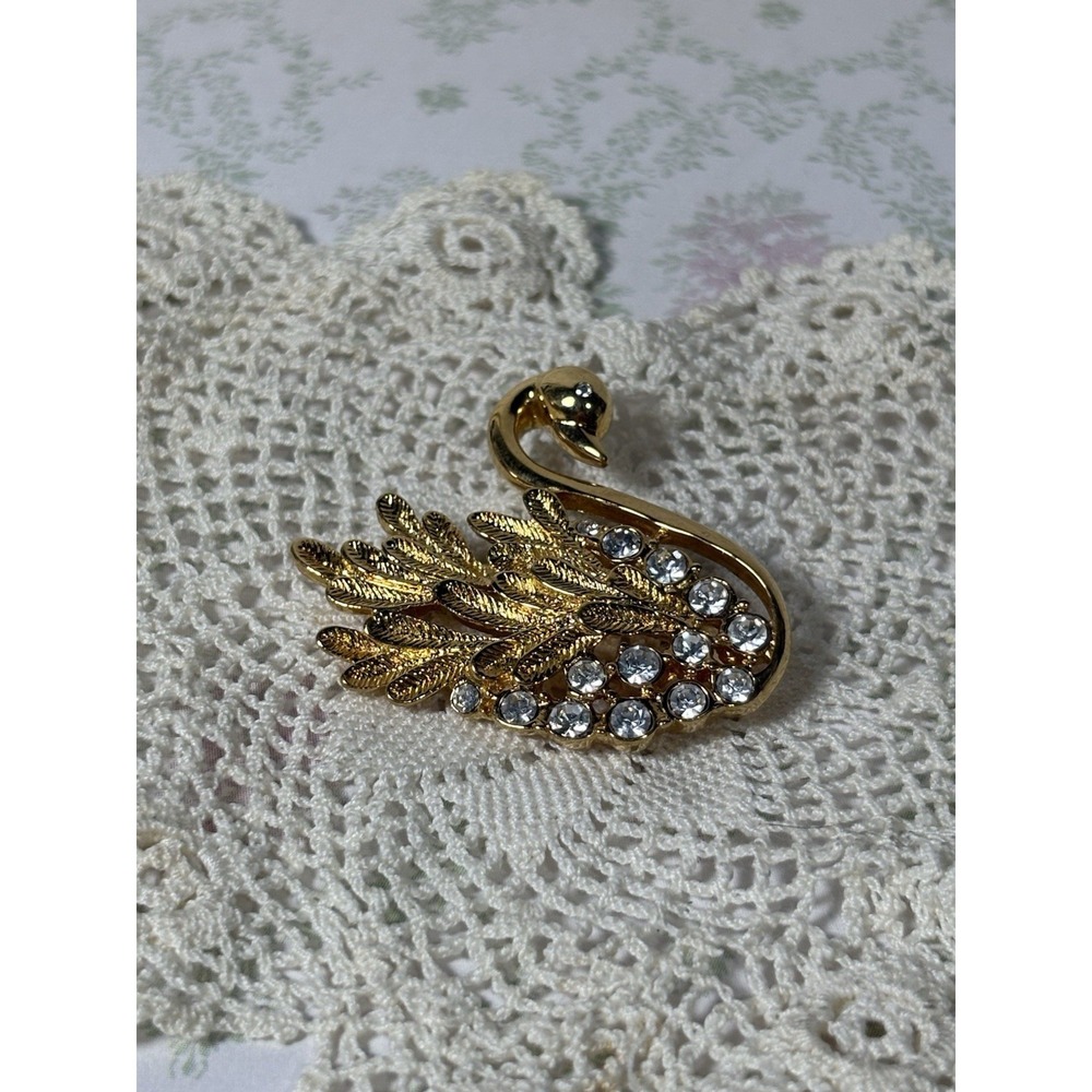 Vintage Gold Tone Swan Brooch Rhinestone Pave Crystal Feather Bird Figural Pin